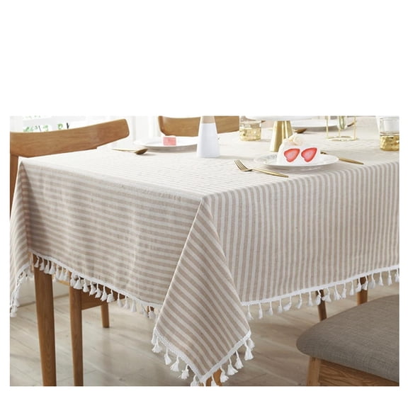 Striped Tassel Round Tablecloth Cotton Linen Wrinkle Resistant Table Cover for Kitchen Dining Home Tabletop Decoration
