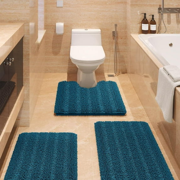 HAKUNA Striped Teal Blue Bathroom Rug Set 3 Pieces Ultra Soft, Non Slip Chenille Toilet Mat, Absorbent Plush Shaggy Bath Mats for Bathroom, Bedroom, Kitchen