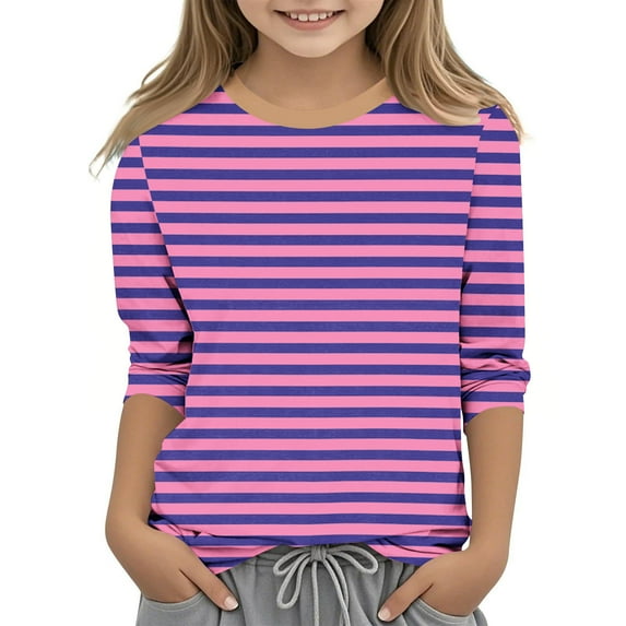 Striped Tee Shirt for Teen Girl Elbow Sleeve Shirt Loose Fit Crewneck Top Color Block Tshirt Shirt Children Clothes Sale