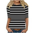 thumbnail image 1 of Striped Tee Shirts for Women Round Neck 3/4 Sleeve Shirt Tops Trendy Color Block Casual Loose Comfort Stretch Blouses Black XL, 1 of 5