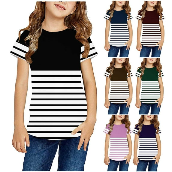 Striped Tees for Children Summer Short Sleeve Crew Neck Soft Comfy Toddler Boys Girls Tee Shirts Basic TopsBlack,5-6 Years