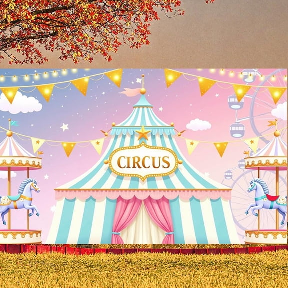 Striped Tent Design Circus Banner Pastel Color Carnival Display Carousel Elements Ferris Wheel Pattern Amusement Backdrop for Kids Party Birthday Celebration Carnival Event