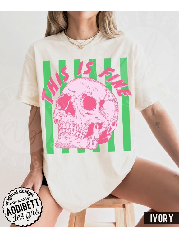 Striped 'This Is Fine' Skull Colorful Sarcastic Halloween T-Shirt, Unisex T-Shirt