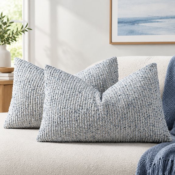 Striped Throw Pillow Covers 12x20 Set of 2 Blue Textured Boucle Rectangular Lumbar Decorative Couch Pillow Covers for Home Decor Bed Sofa