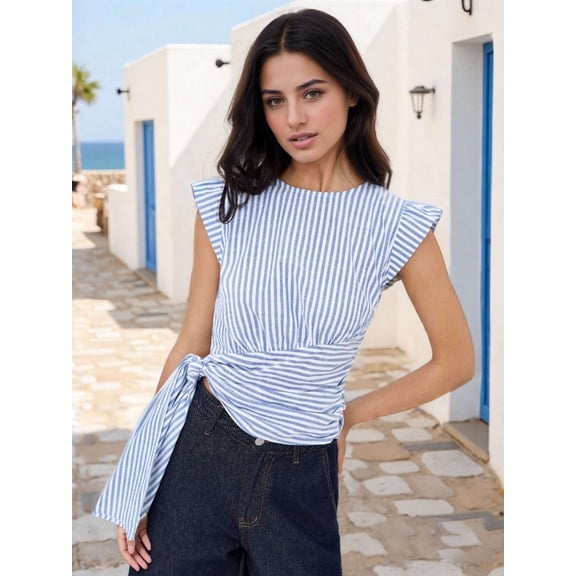 Striped Tie-Wear Top (L, SkyBlue)