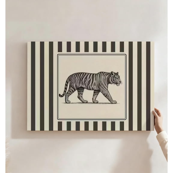 Striped Tiger Sketch Canvas Wall Art, Vintage Wildlife Decor, Black And White Line Artwork For Living Room, Home Office, Modern Man Cave, Ready To Hang