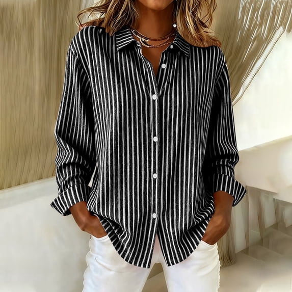 Striped Top for Women Button Down Collared Blouse Business Outfits,Work Office Soft,T-Shirt Black XXL