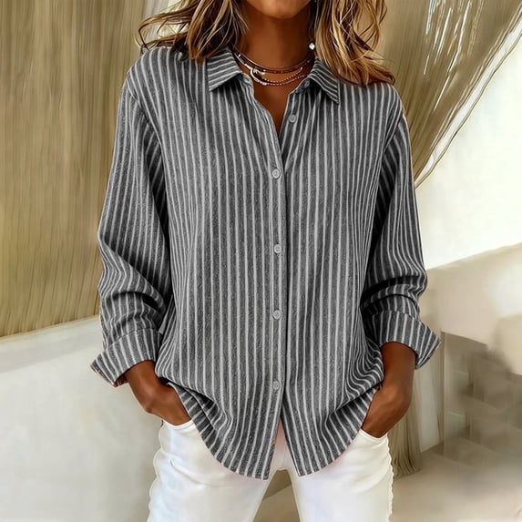 Striped Top for Women Button Down Collared Blouse Business Outfits,Work Office Soft,T-Shirt Gray XL