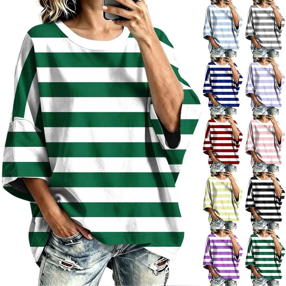 Striped Tops for Women 3/4 Sleeve T Shirts Womens Crew Neck Casual Loose Fall Tops