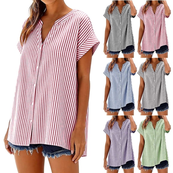 Striped Tops for Women Button Down Short Sleeve V Neck Shirt Loose Summer Tunic Tops Casual Beach Clothes (XL, Red)