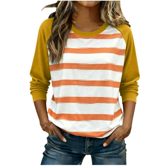 Striped Tops for Women Raglan Long Sleeve Crewneck Casual Lightweight Colorblock Sweatshirts Loose Fit (XL, Orange)