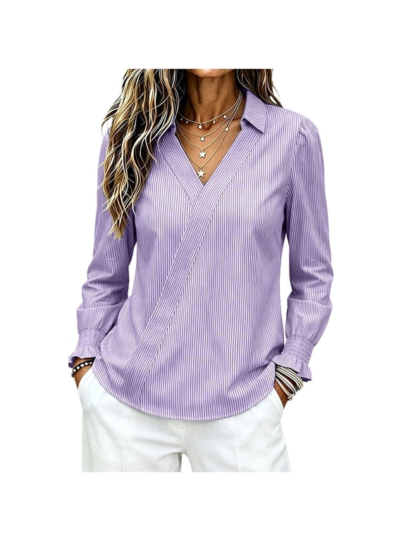 Striped Tops for Women with Lapel Collar Smocked Ruffle Cuffs Long Sleeve V Neck Shirt Dressy Casual Blouses (2XL, Purple)