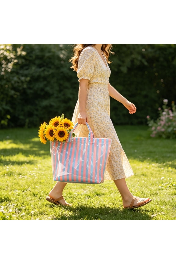 Striped Tote Bag Waterproof PVC Large Capacity Handbag for Beach Shopping Travel Daily Use Glossy Reflective Casual Summer Tote
