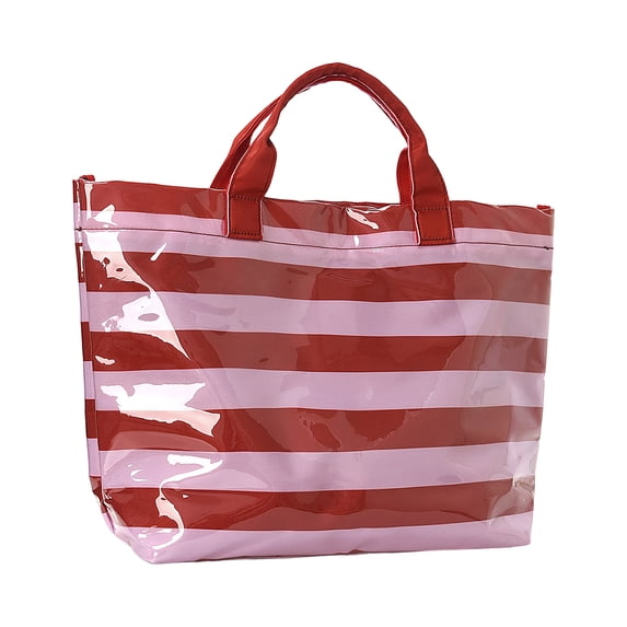 Striped Tote Purse, 16×12×6 In Waterproof Beach Bag, Large PVC Retro Casual Handbag For Travel Shopping Gym(Red)