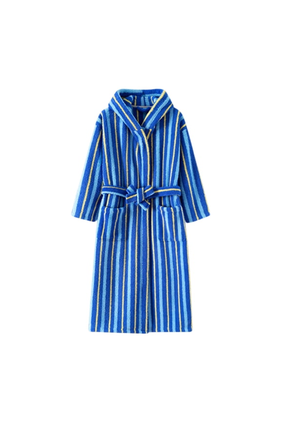 Striped Towel Robe for Women Men's Autumn Winter Thickened Casual Long Sleeved Printed Robe For Homewear Kimono Bathrobe Blue L