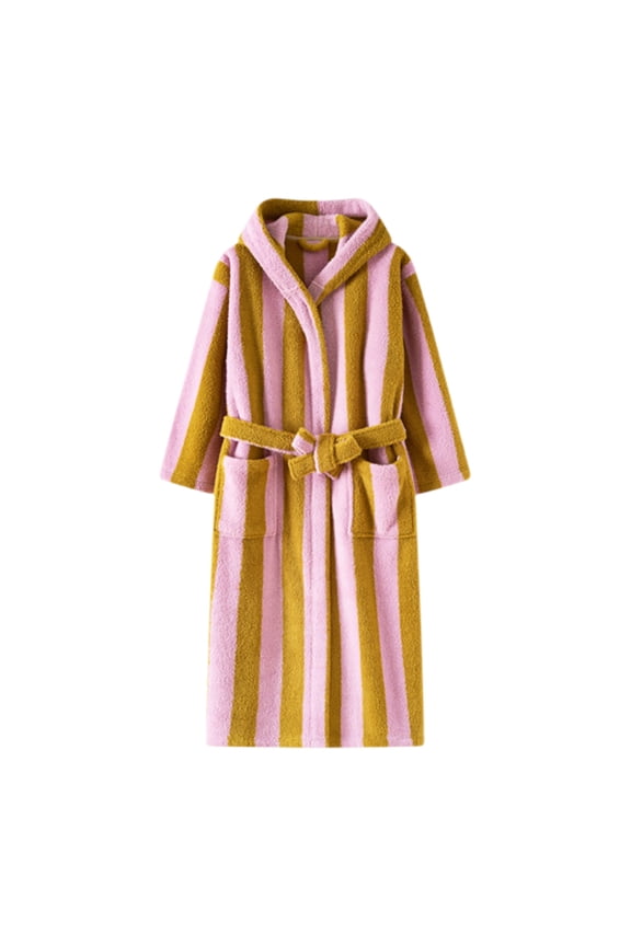Striped Towel Robe for Women Men's Autumn Winter Thickened Casual Long Sleeved Printed Robe For Homewear Kimono Bathrobe Coffee M