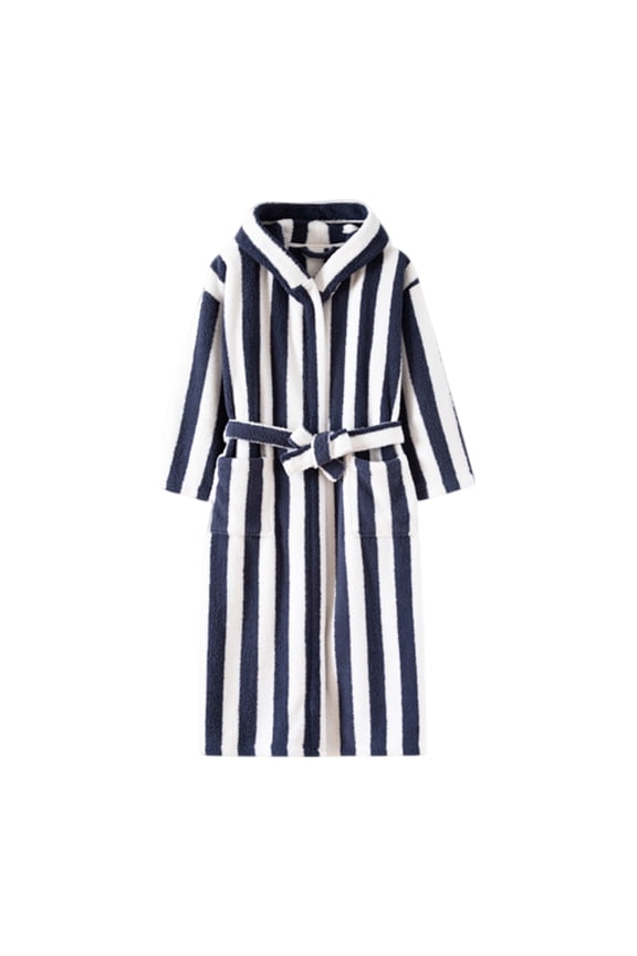 Striped Towel Robe for Women Men's Autumn Winter Thickened Casual Long Sleeved Printed Robe For Homewear Kimono Bathrobe Dark Blue M