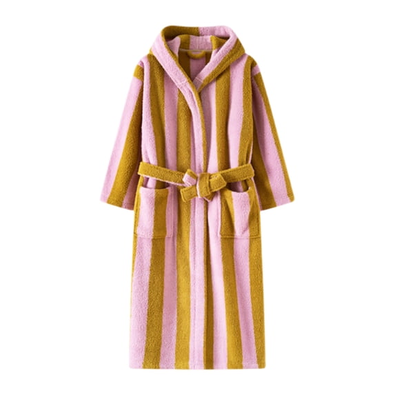 Striped Towel Robe for Women Men's Autumn Winter Thickened Casual Long Sleeved Printed Robe For Homewear Kimono Bathrobe Pink XL