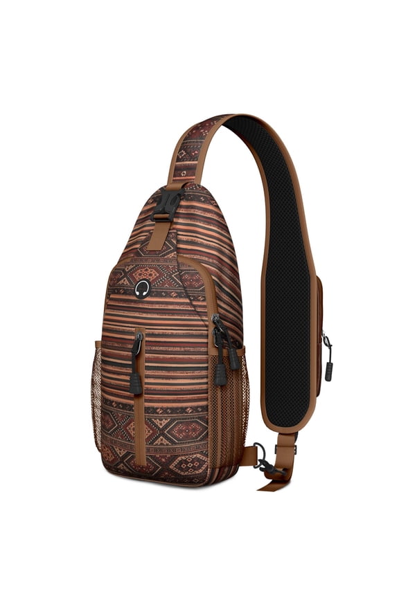 Striped Tribal Crossbody Backpack, Boho Style Minimalist Sling Bag with Geometric Vibes