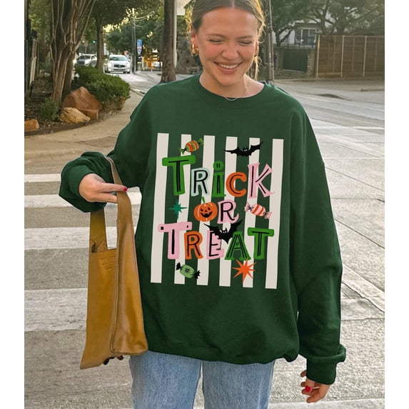 Striped Trick or Treat Halloween Sweatshirt, Retro Spooky Season Crewneck, Candy Pumpkin Bat Graphic Fall Jumper, Trendy October Outfit Gift