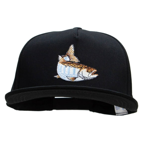 Striped Trout Fish Patched 5 Panel Flat Bill Snapback Cap - Black OSFM