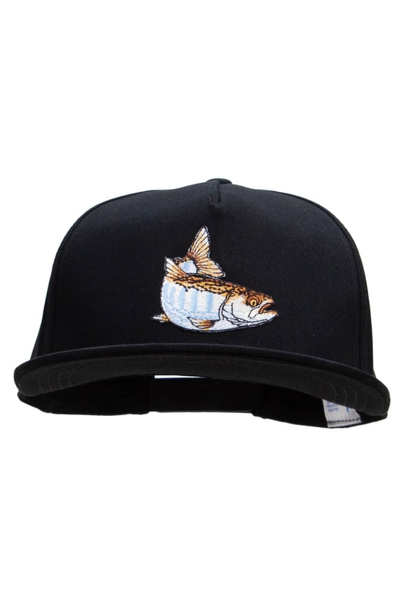 Striped Trout Fish Patched 5 Panel Flat Bill Snapback Cap - Black OSFM