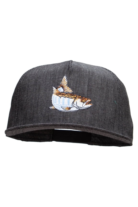 Striped Trout Fish Patched 5 Panel Flat Bill Snapback Cap - Denim Black OSFM