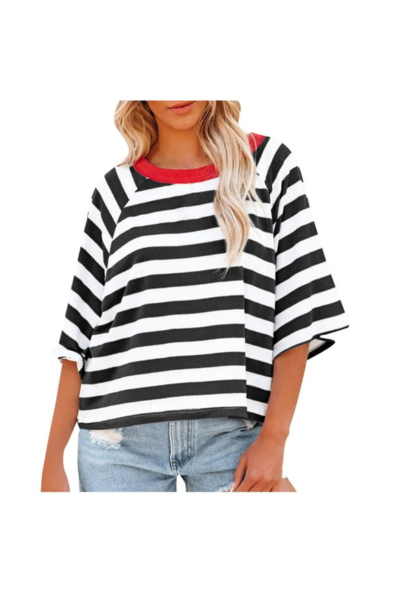 Striped Tshirt Women Loose Fit Quarter Sleeve Tops for Women Plus Size Summer Tops for Women 2024 Trendy Crewneck