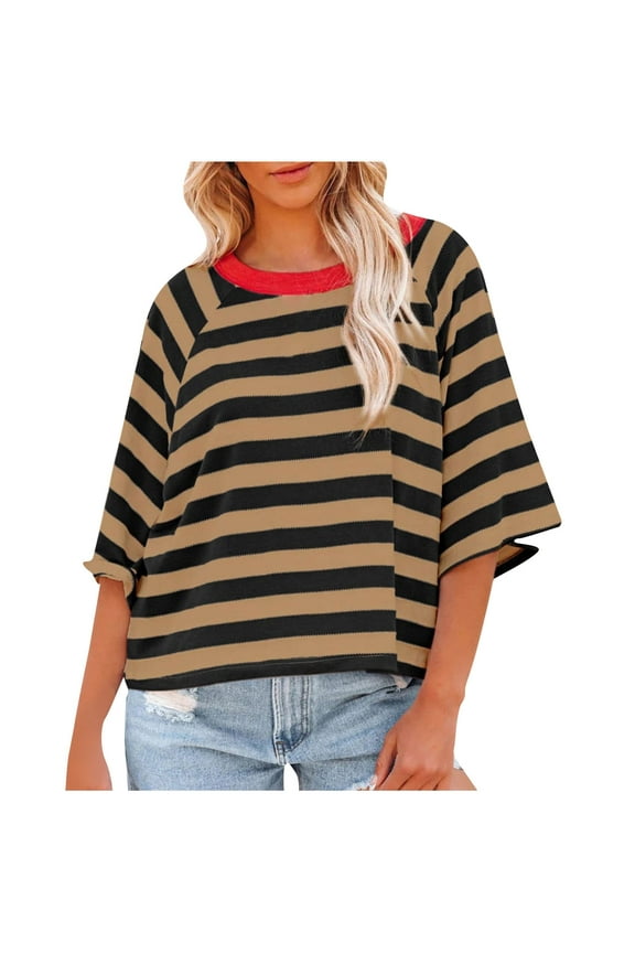 Striped Tshirt Women Loose Fit Quarter Sleeve Tops for Women Plus Size Summer Tops for Women 2024 Trendy Crewneck