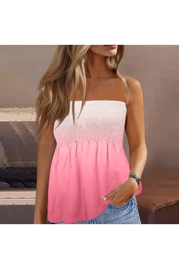 Striped Tube Tops for Women - Smocked Strapless Backless Tie Dye Ruffled Summer Bandeau Tops Pink 2XL