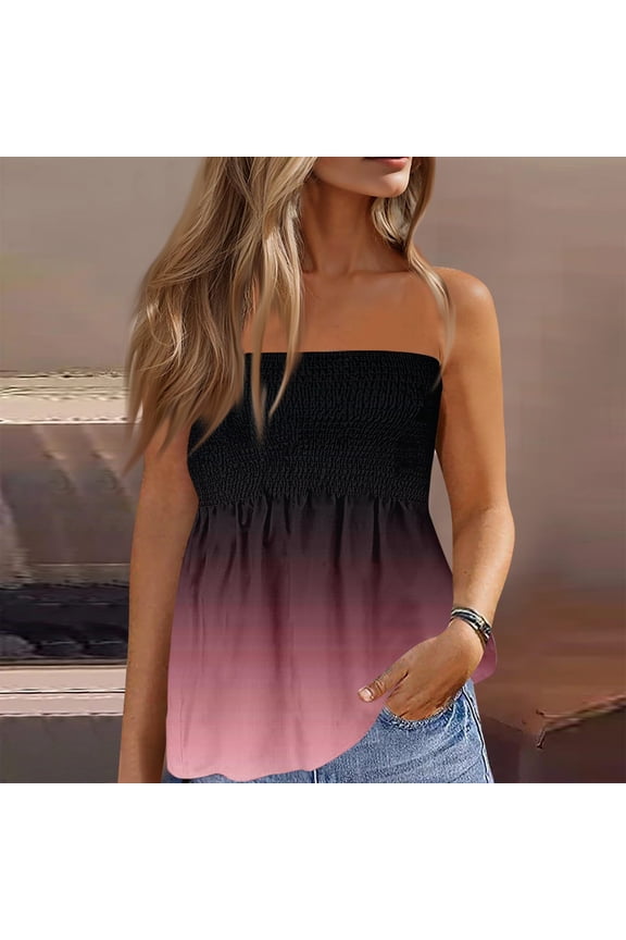 Striped Tube Tops for Women - Smocked Strapless Backless Tie Dye Ruffled Summer Bandeau Tops Red XL