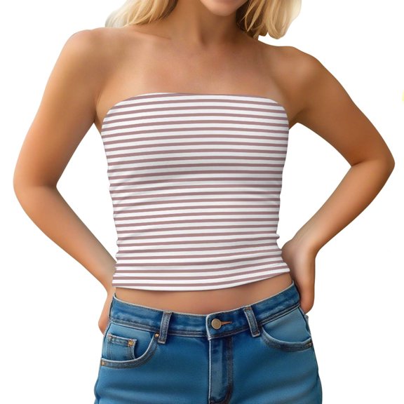 Striped Tube Tops for Women Teen Girls Strapless Off Shoulder Y2k Crop Bandeau Top Sleeveless Base Tee Summer (S, Khaki)