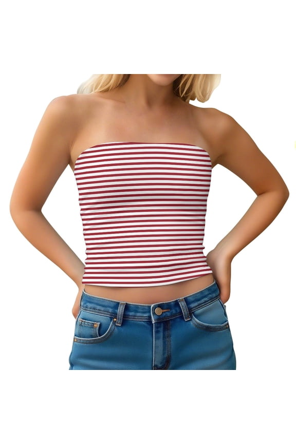 Striped Tube Tops for Women Teen Girls Strapless Off Shoulder Y2k Crop Bandeau Top Sleeveless Base Tee Summer (S, Red)