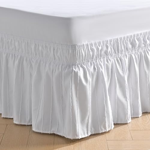 Striped Tufted Bed Skirt - Wrap Around Dust Ruffle with Elastic Belts - 12.5 Inch Drop Easy to Put On - Bedskirt Machine Washable ＆ Wrinkle Resistant(Striped/White, Full/Twin-12.5" Drop)