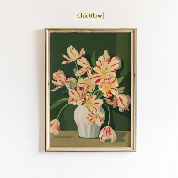 Striped Tulips Wall Art – Modern Floral Still Life Decor , Elegant Botanical Poster, Unframed Canvas Size 16x24