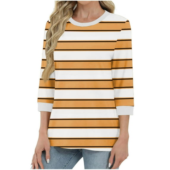 Striped Tunics Blouses for Womens 2025 Fall Winter Shirts 3/4 Sleeve Blouse Crew Neck Tees Shirts Comfort Casual Tops Light Breathable Pullover Sweater Blouses