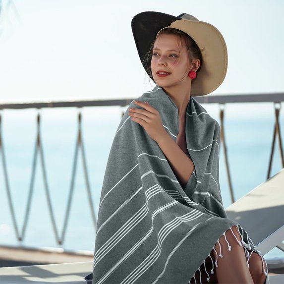Striped Turkish Beach Towel, Tassel Ear Bath Towel, Quick Dry Embroidery Pool Blanket