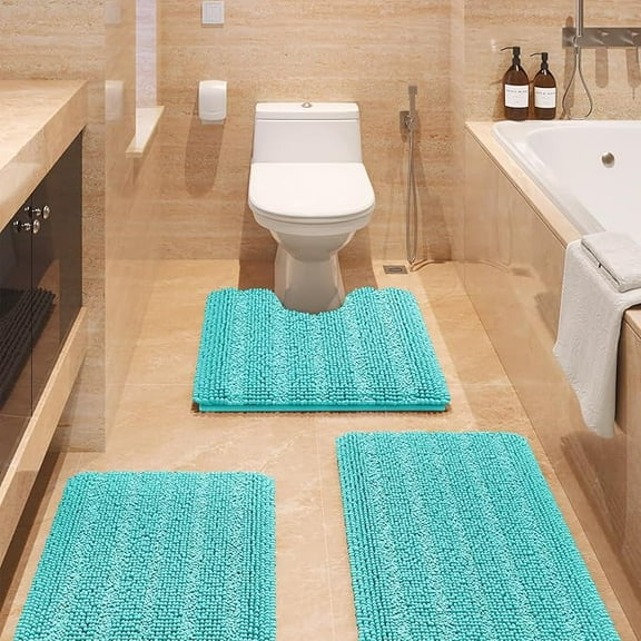 HAKUNA Striped Turquoise Bathroom Rug Set 3 Pieces Ultra Soft, Non Slip Chenille Toilet Mat, Absorbent Plush Shaggy Bath Mats for Bathroom, Bedroom, Kitchen