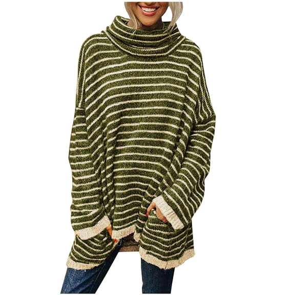 Striped Turtleneck Women Casual Loose Sweater Drop Shoulder Long Batwing Sleeve Pullover Knit Tops Mid Length Fall Sweatshirt