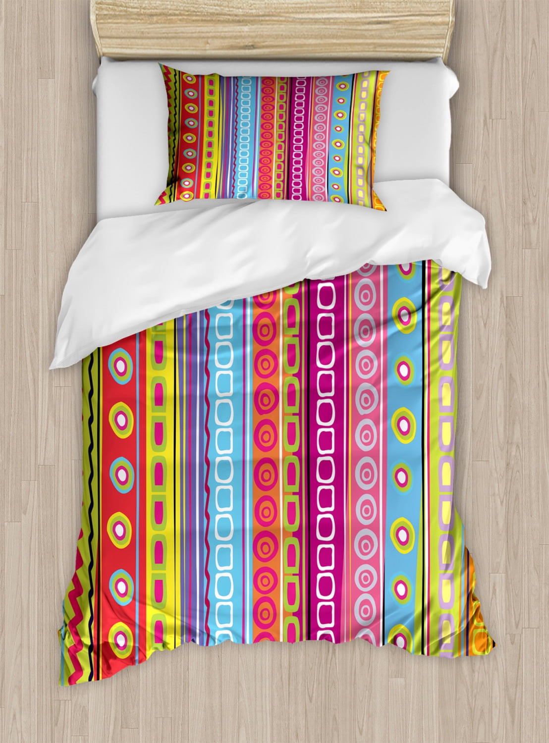Colorful Retro Striped Twin Duvet Cover Set with Pillow Sham