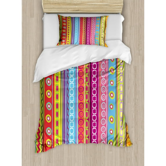 Striped Twin Size Duvet Cover Set, Colorful Retro Stripes Circles Boho Pattern 90's Style Ethnic Rainbow Art Print, Decorative 2 Piece Bedding Set with 1 Pillow Sham, Multicolor, by Ambesonne