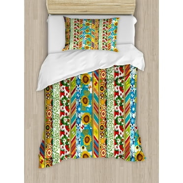 Striped Twin Size Duvet Cover Set, Colorful Summer Spring Retro Patchwork Style Pattern Sunflower Butterfly Strawberry, Decorative 2 Piece Bedding Set with 1 Pillow Sham, Multicolor, by Ambesonne