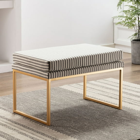 Striped Upholstered Bench with Gold Metal Frame, Modern Double Padded Entryway Bench for Bedroom, Living Room, Entryway, Grey and White