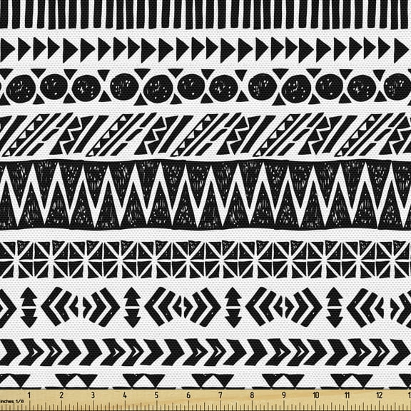 Striped Upholstery Fabric by the Yard, Trippy Mystic Aztec Culture Antique Aged Folk Old Bohemian Print, Decorative Fabric for DIY and Home Accents, 5 Yards, Black White by Ambesonne