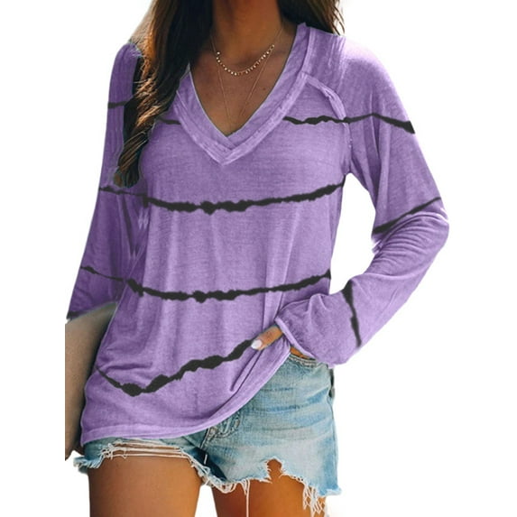 Striped V-Neck Casual Tunic Blouse Tops For Women Fall Thin Long Sleeve Pullover T-Shirt Tunic Tops Boho Holiday Sleepwear Blouse Shirts Lounge Wear
