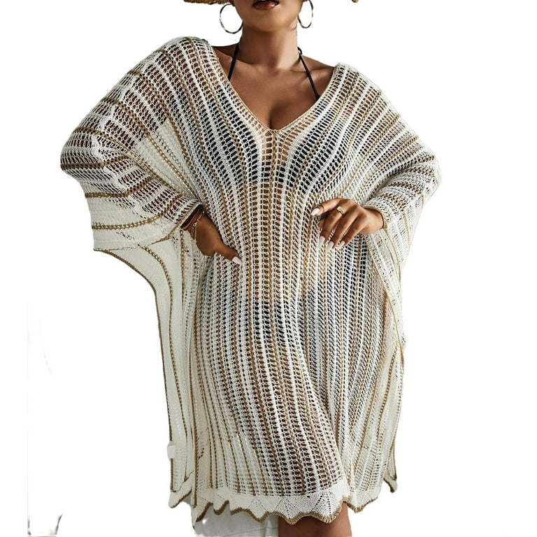 Striped V neck Long Sleeve Multicolor Plus Size Cover Ups Women s Plus
