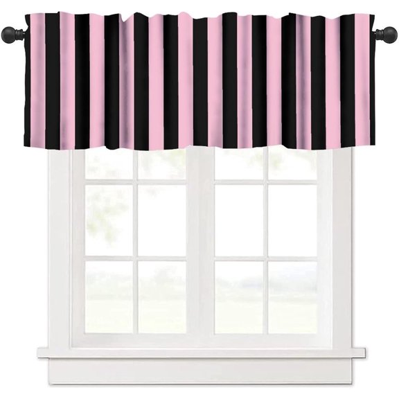 Striped Valance Curtains Vertical Pink Black Stripes Pattern Window Treatment Valances Short Curtains Rod Pocket Drape for Kitchen Cafe Dining Room Home Farmhouse Decor, 54x18inch