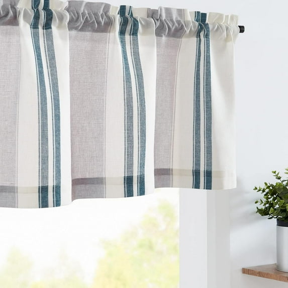 Striped Valance Farmhouse Window Treatment Linen Textured Drapes for Small Windows Kitchen Living Room RV Vintage Light Filtering Valance 16 Inch Rod Pocket 1 Panel Blue and Grey Stripe