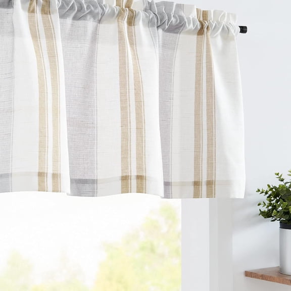 Striped Valance Farmhouse Window Treatment Linen Textured Drapes for Small Windows Kitchen Living Room RV Vintage Valance 16 Inch Rod Pocket 1 Panel Camel Beige and Grey Stripe