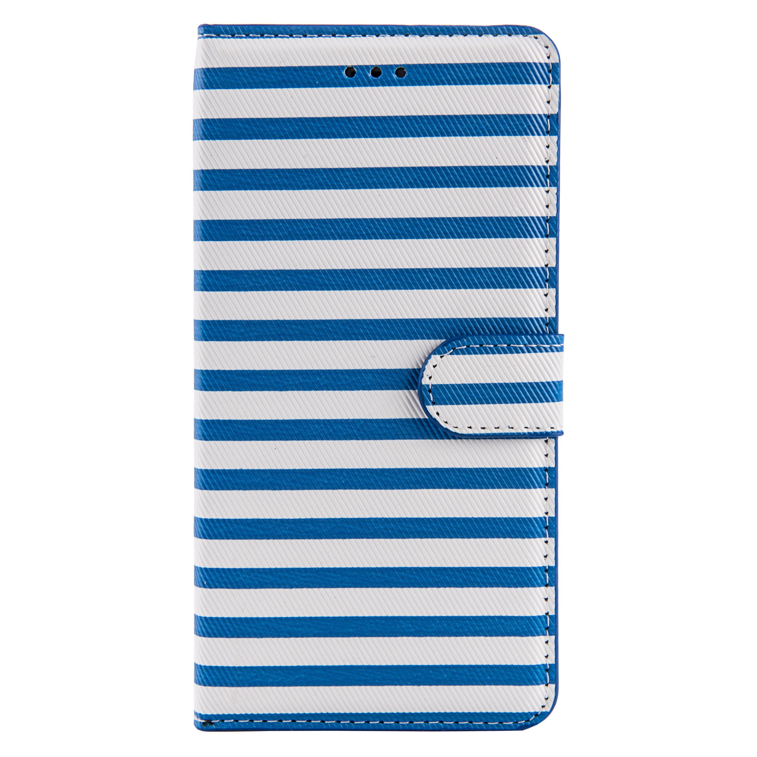 Striped Vegan Leather Wallet Stand Case for Apple iPhone 6 Plus / 6S Plus With 3 Dedicated Card Slots, Cash Slot, and Magnetic Cover / Flap (Blue)